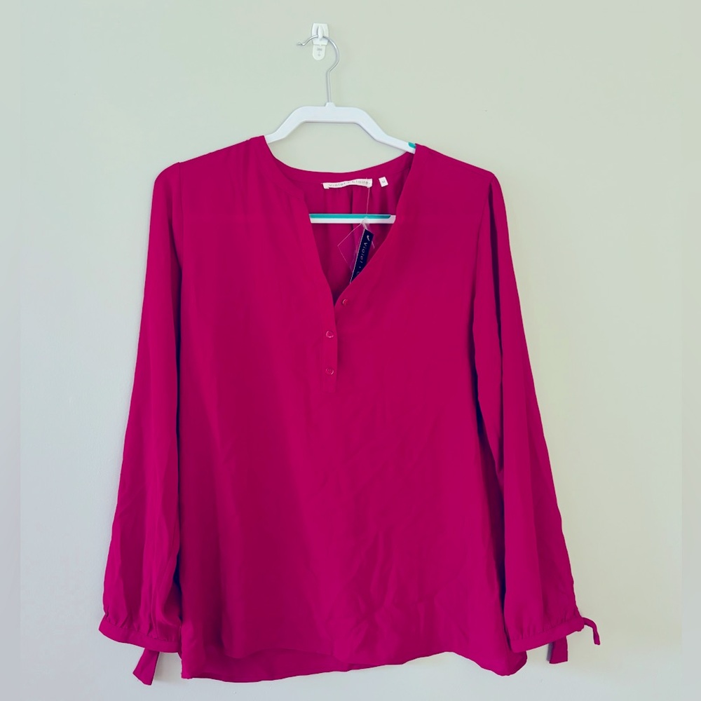 Bright Fuschia Pink Long Sleeve V Neck Blouse